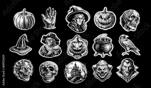 Halloween Elements Set with Pumpkins, Skulls, Witch, Raven, and Cauldron. Halloween big collection of vector illustrations in vintage gothic engraved black and white style