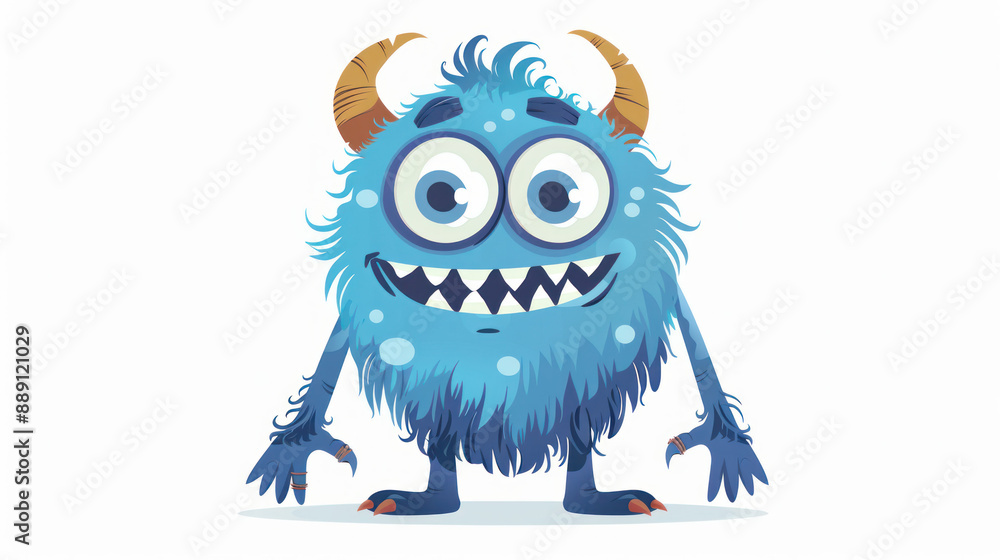 Fototapeta premium Happy Halloween! Cute blue monster stands with four eyes, fangs, and fur. Cartoon baby character looks funny and childish. Flat design. Isolated on white background. Vector