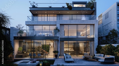 A contemporary urban townhouse with a sleek facade, large glass windows, and a rooftop terrace with modern outdoor furniture