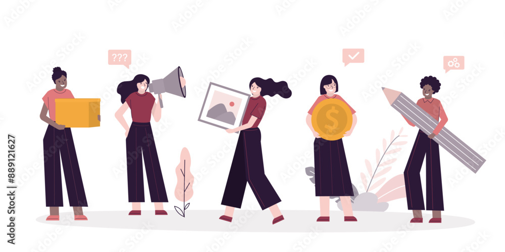 Diverse business people. Set of businesswoman standing with business tools and media content. Female employees, users, office workers or bloggers. Collection of multiethnic clerks Diverse business people. Set of businesswoman standing with business tools and media content. Female employees, users, office workers or bloggers. Collection of multiethnic clerks