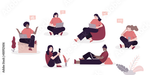 Set of business women working on laptop or mobile phone. Female characters sitting on chairs, entrepreneurs, remote workplace, freelance self-employed