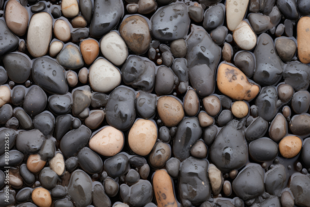Processed collage of wet pebble stones on asphalt texture. Background for banner, backdrop Processed collage of wet pebble stones on asphalt texture. Background for banner, backdrop