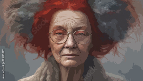 Alte Frau mit roten Haaren schaut traurig in die Welt.