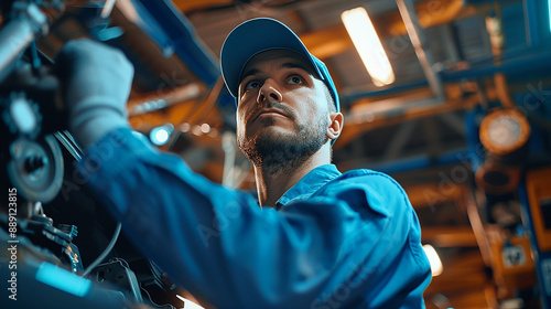 In a contemporary garage, a car mechanic dressed in a blue uniform and cap stands under a car, focusing on the repair of the vehicle's suspension and ensuring optimal performance