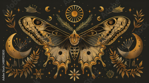 Mystical golden butterfly art with sun, moon, and plants. Mysterious moth with a bohemian and tarot theme. Beautiful celestial astrology tattoo set with vintage style.