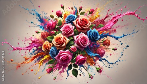 An image of roses emerging from a splash of paint