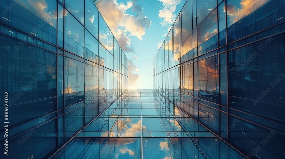 Modern Glass Office Buildings Reflecting Sky and Clouds in Urban Cityscape at Sunset Modern Glass Office Buildings Reflecting Sky and Clouds in Urban Cityscape at Sunset