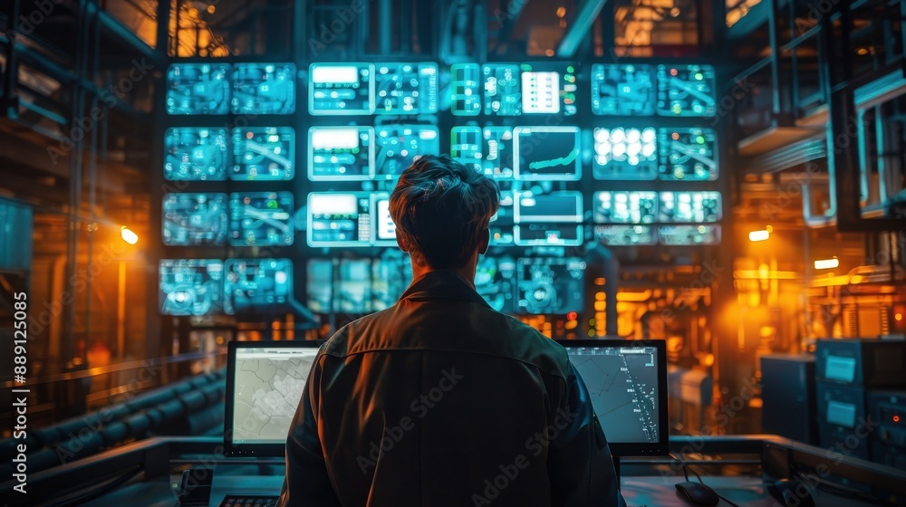 Technician Monitoring Multiple Screens in High-Tech Control Room with Advanced Data Analytics Technician Monitoring Multiple Screens in High-Tech Control Room with Advanced Data Analytics