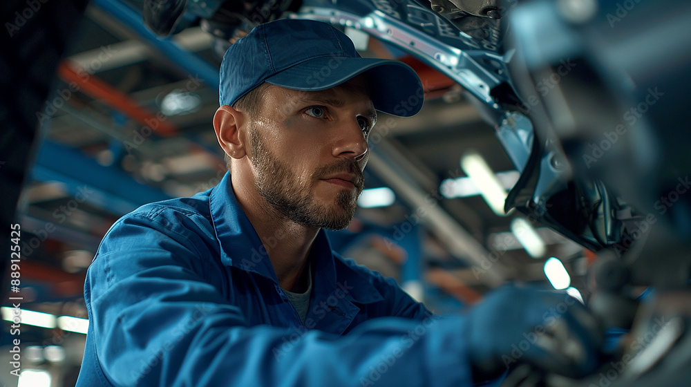 custom made wallpaper toronto digitalIn a contemporary garage, a car mechanic dressed in a blue uniform and cap stands under a car, focusing on the repair of the vehicle's suspension and ensuring optimal performance