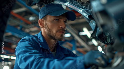 Wallpaper Mural In a contemporary garage, a car mechanic dressed in a blue uniform and cap stands under a car, focusing on the repair of the vehicle's suspension and ensuring optimal performance Torontodigital.ca