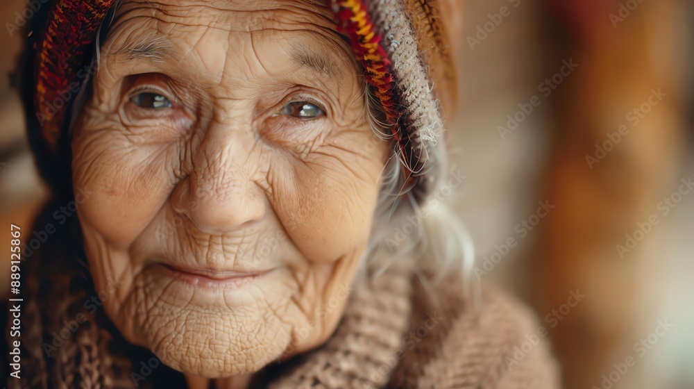 A close-up portrait of an elderly woman with wrinkles and kind eyes.