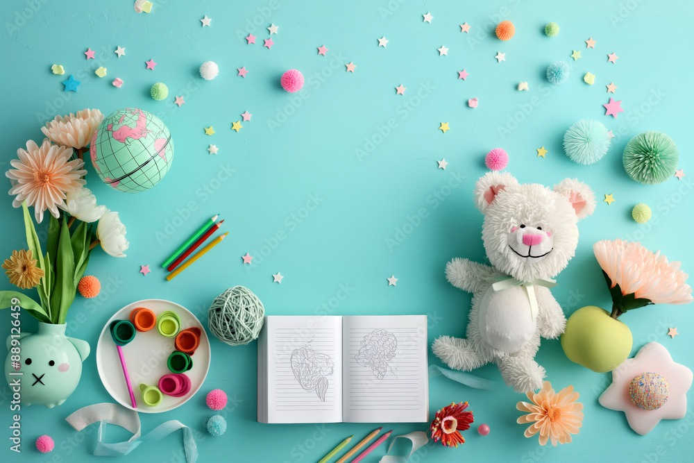 Fototapeta premium Cute Teddy Bear with Storybook and Art Supplies on a Colorful Pastel Background. Book lovers day, Back to school concept