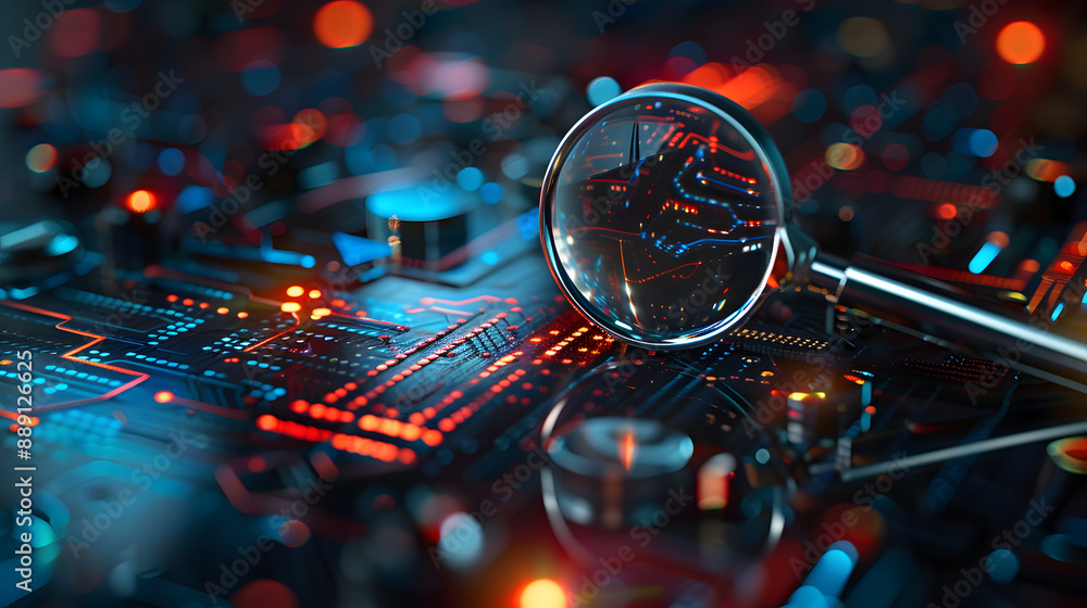Fototapeta premium Close-up of a circuit board under magnifying glass with glowing lights