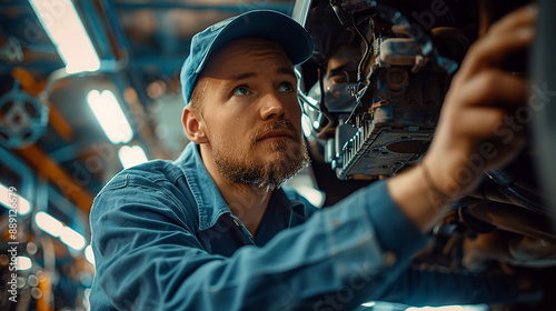 Wallpaper Mural In a contemporary garage, a car mechanic dressed in a blue uniform and cap stands under a car, focusing on the repair of the vehicle's suspension and ensuring optimal performance Torontodigital.ca