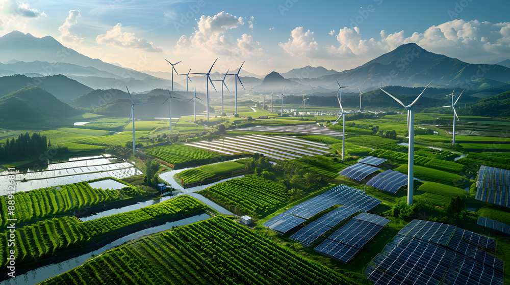Fototapeta premium Wind turbines and solar panels in a picturesque green landscape