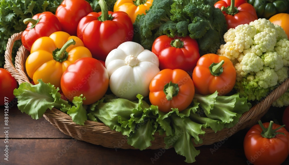 Peppers and broccoli in a wicker basket Peppers and broccoli in a wicker basket