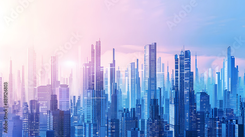 Futuristic cityscape with tall skyscrapers and a pastel sky