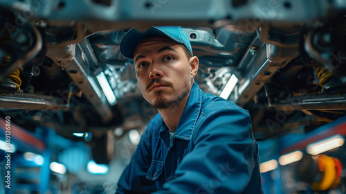 In a contemporary garage, a car mechanic dressed in a blue uniform and cap stands under a car, focusing on the repair of the vehicle's suspension and ensuring optimal performance