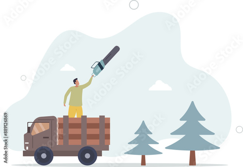 Deforestation environmental problem, clearing of forested land .flat design.illustration with people.