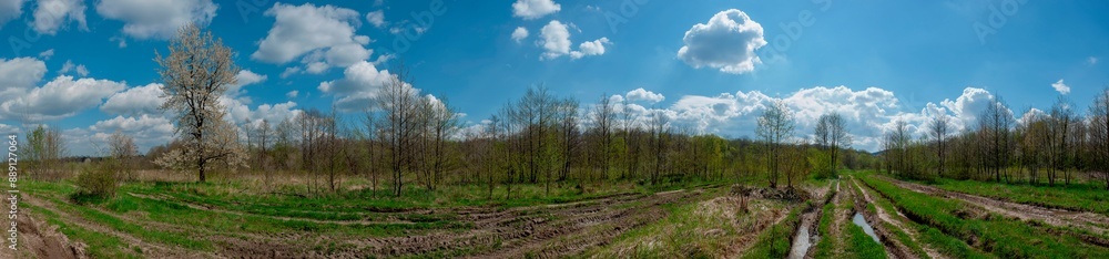 Panorama of the spring forest near the mountain town. Picturesque landscape of a sunny day. Panorama of the spring forest near the mountain town. Picturesque landscape of a sunny day.