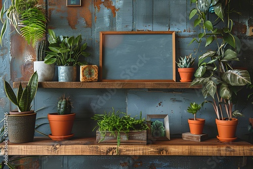 A shelf filled with potted plants next to a chalk board
