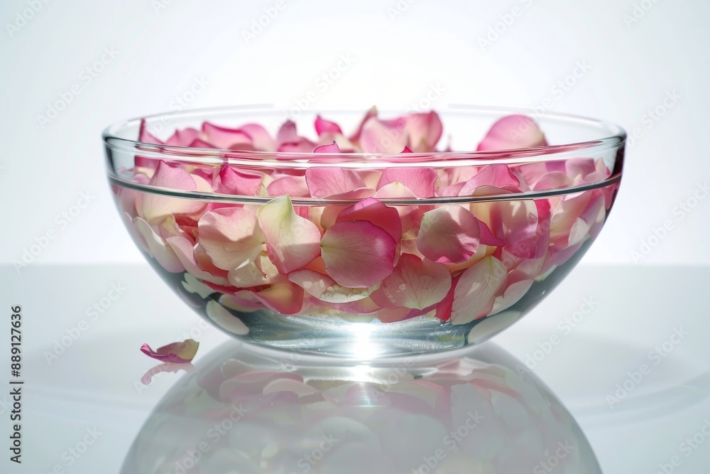 A bowl filled with fresh rose petals, floating delicately in clear water against a white backdrop. A bowl filled with fresh rose petals, floating delicately in clear water against a white backdrop.