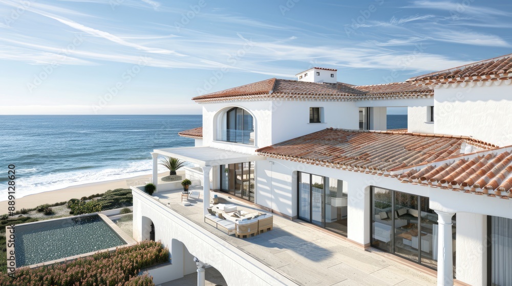 Fototapeta premium A luxurious beachfront estate with white walls, terracotta roof tiles, and a large terrace overlooking the ocean