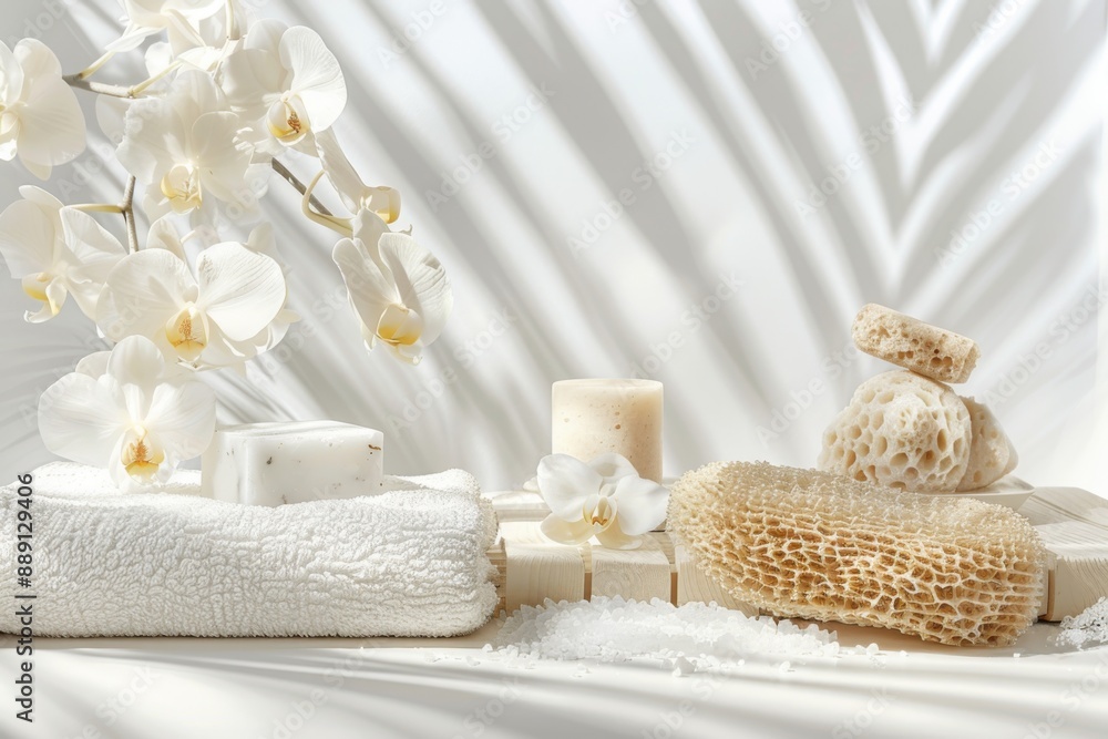A serene arrangement of spa accessories on a clean white surface, evoking feelings of relaxation and rejuvenation. The loofah, soap, and pumice stone are neatly placed to create a sense of calm. A serene arrangement of spa accessories on a clean white surface, evoking feelings of relaxation and rejuvenation. The loofah, soap, and pumice stone are neatly placed to create a sense of calm.