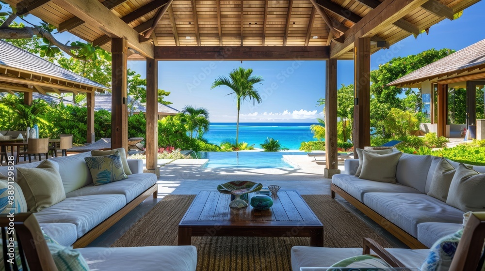 A luxurious Caribbean villa with open-air living spaces, vibrant tropical gardens, and a private beach with crystal clear waters A luxurious Caribbean villa with open-air living spaces, vibrant tropical gardens, and a private beach with crystal clear waters