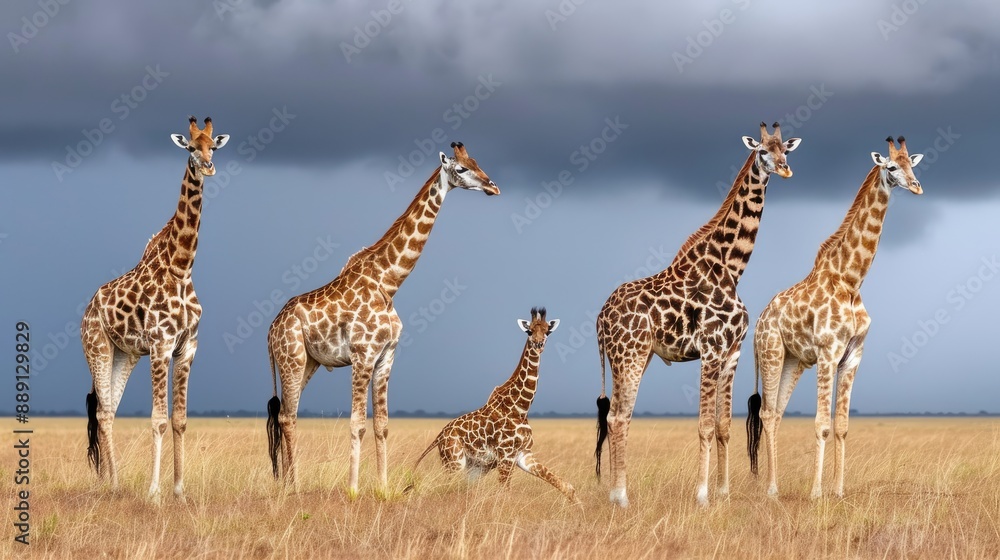Obraz premium A herd of giraffes graze peacefully in a lush green valley, with rolling hills and distant mountains forming a stunning backdrop