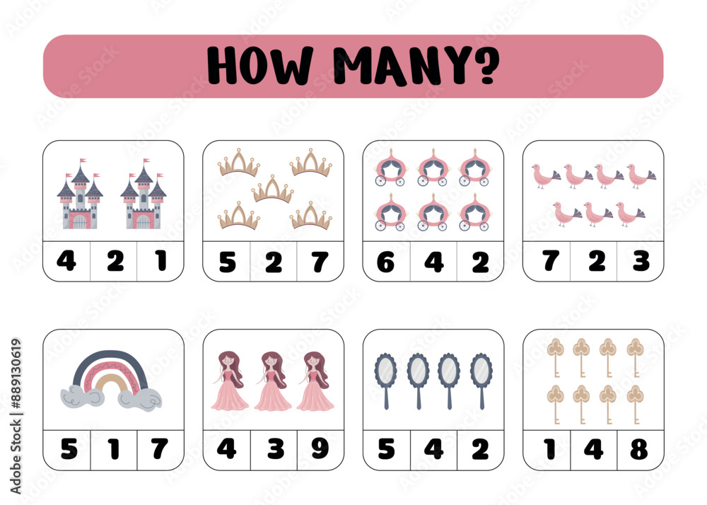 How many princesses, castles, carriages, crowns, keys. Educational math game. A counting game for children. Vector illustration How many princesses, castles, carriages, crowns, keys. Educational math game. A counting game for children. Vector illustration