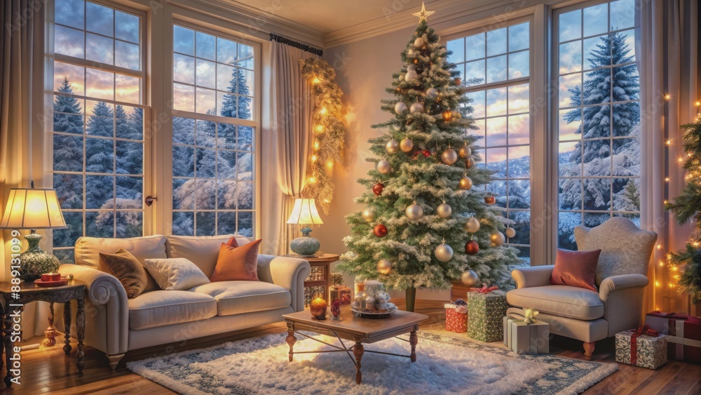 Warmly lit festive scene with decorated tree, wrapped gifts, and soft cushions amidst a tranquil, snowflake-patterned window backdrop. Warmly lit festive scene with decorated tree, wrapped gifts, and soft cushions amidst a tranquil, snowflake-patterned window backdrop.