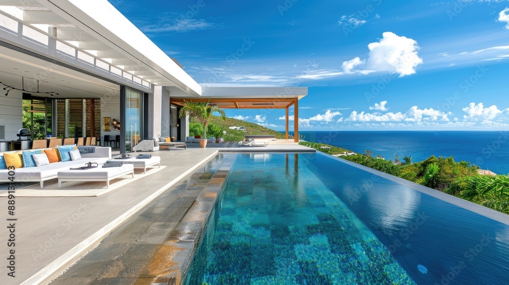 Fototapeta premium A luxurious modern villa with open-air living spaces, an infinity pool, and breathtaking views of the ocean and a distant horizon