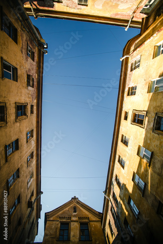 View of the sky from the well courtyard of a typical historical building in Saint Petersburg, Russia.