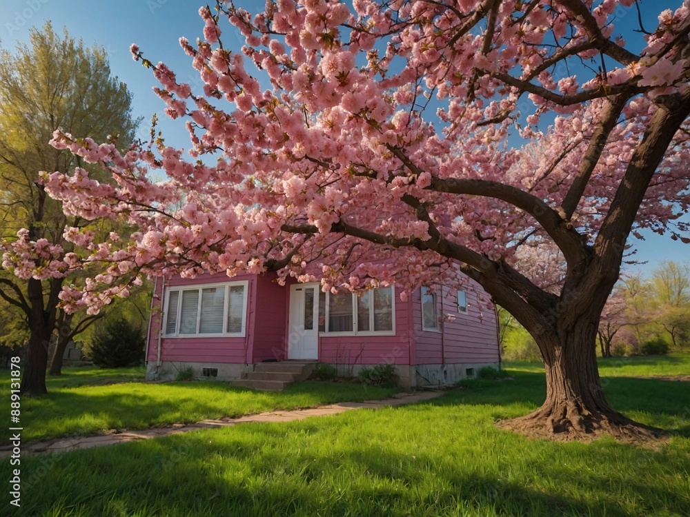 Blossoming pink tree enhances picturesque spring scenery Blossoming pink tree enhances picturesque spring scenery