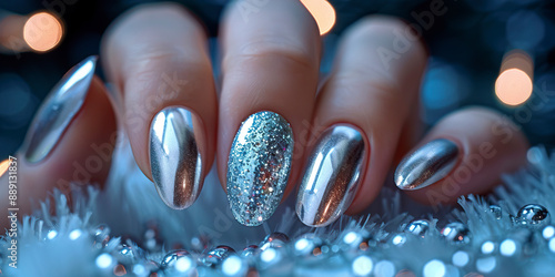 Chrome modern y3k metallic christmas manicure hand close up
