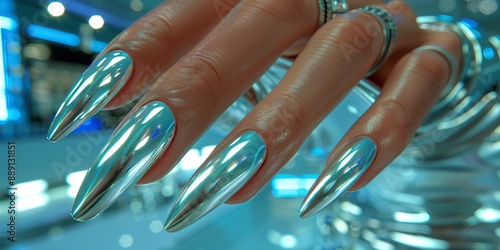 Chrome modern y3k metallic manicure hand close up