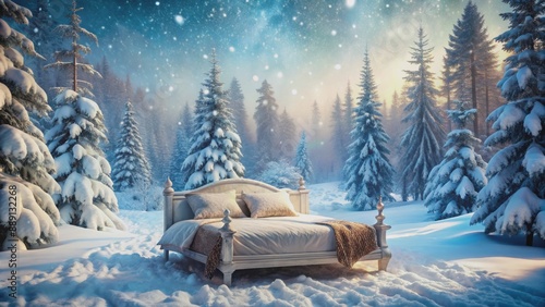 Wallpaper Mural Snowflakes gently falling on plush duvet-covered massive double bed surrounded by frozen trees and frosty mist in serene winter landscape. Torontodigital.ca