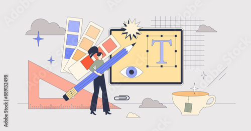 Basics of graphic design with logo creation tiny person neubrutalism concept. Color gradient, shape and text fonts drawing for corporate style and business appearance vector illustration. Simple arts