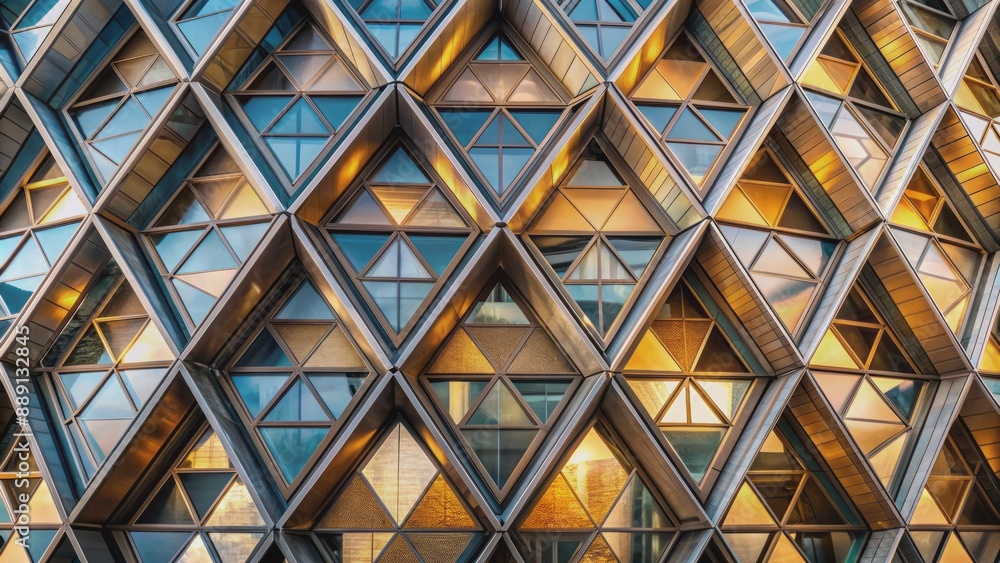 Intricate latticework of intersecting triangles and circles in muted hues adorns sleek, modern building facade, exuding futuristic sophistication. Intricate latticework of intersecting triangles and circles in muted hues adorns sleek, modern building facade, exuding futuristic sophistication.