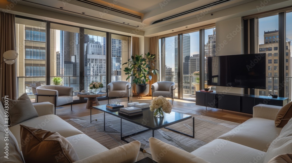 Fototapeta premium A luxurious urban condo with sleek modern furnishings, large windows, and a balcony with views of the bustling city skyline
