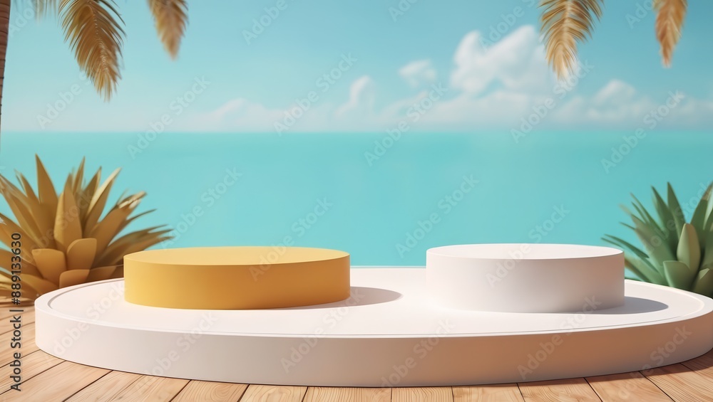 3d podium stand for product presentation with summer concept. Pedestal platform. Minimal summer vacation. 3d podium stand for product presentation with summer concept. Pedestal platform. Minimal summer vacation.