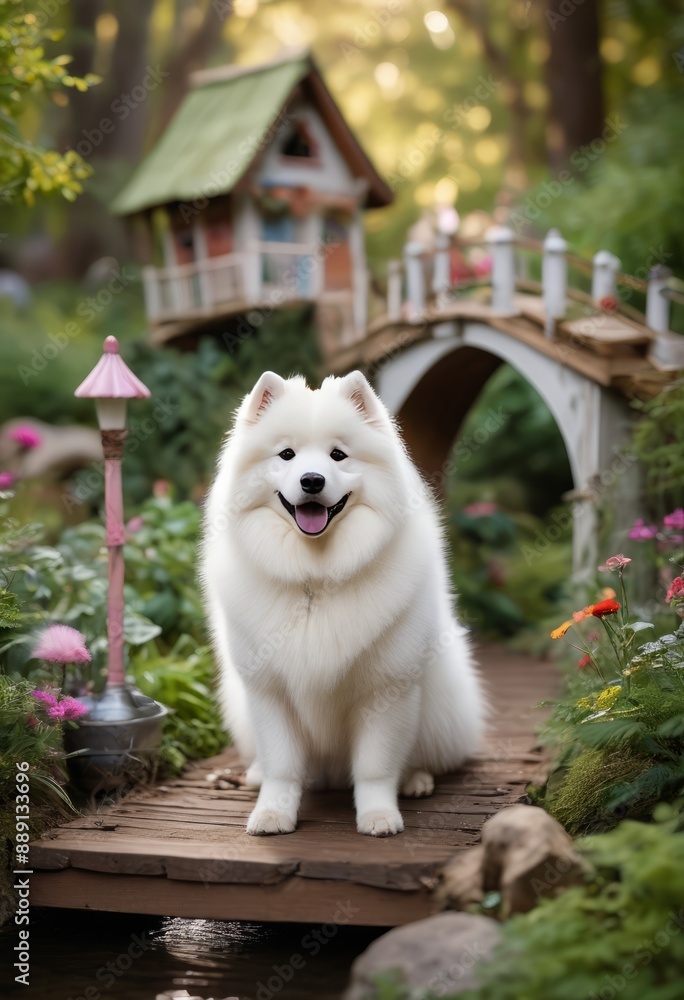 Samoyed exploring a whimsical fairy garden, with tiny houses, bridges, and magical creatures. Samoyed exploring a whimsical fairy garden, with tiny houses, bridges, and magical creatures.
