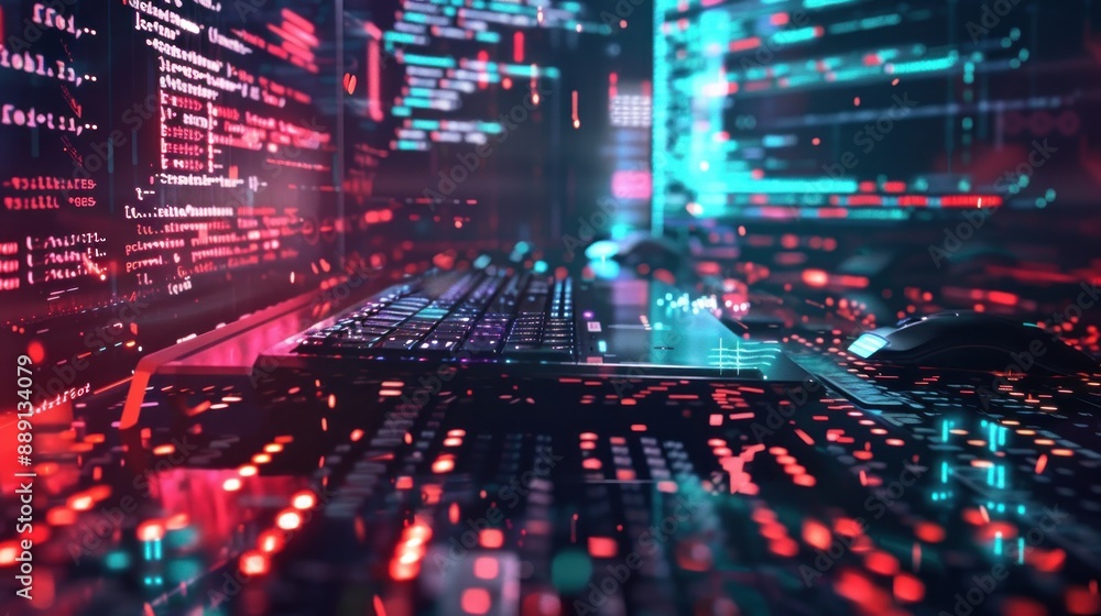 Computer Screen With Code And Keyboard In Dark Background Computer Screen With Code And Keyboard In Dark Background