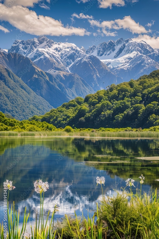 Fototapeta premium Majestic peaks and serene reflections: New Zealand's untouched wildlife
