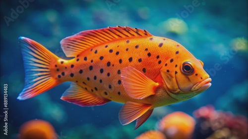 Underwater close-up shot of a vibrant orange black-spotted grumbler fish swimming in a coral reef environment with sea anemones. photo