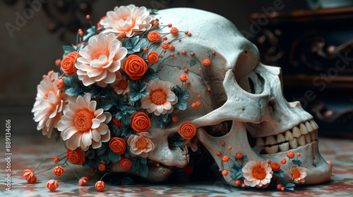 Human skull with flowers - vanitas, symbol of time passing