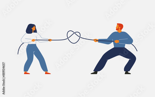 Tug-of-war between woman and man. Struggle for gender equality or conflicting interests or values. Young couple are pulling rope as symbol of control in relationships. Vector illustration