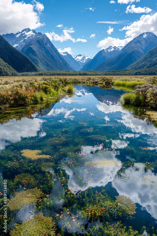 Obraz premium Majestic peaks and serene reflections: New Zealand's untouched wildlife