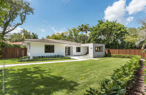 the front view of an all white one story bungalow in Miami, with green hedges and grass on both sides of house, small driveway next to it, big windows, with tall concrete wall behind fence